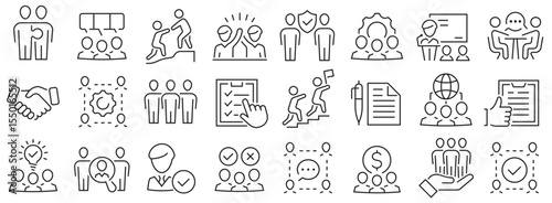 Partnership icon set. Business, agreement, cooperation, conversation, teamwork, documentation and more. Outline icon collection. Editable stroke. Vector illustration