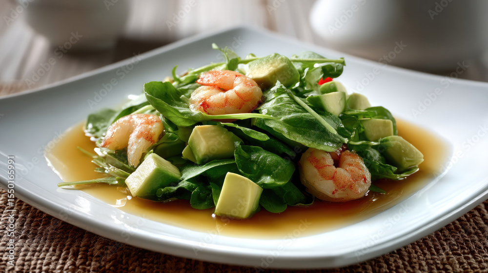 Avocado shrimp salad arugula spinach fresh healthy gourmet lunch and dinner combine in vibrant dish Avocado shrimp salad arugula spinach fresh healthy gourmet lunch and dinner combine in vibrant dish