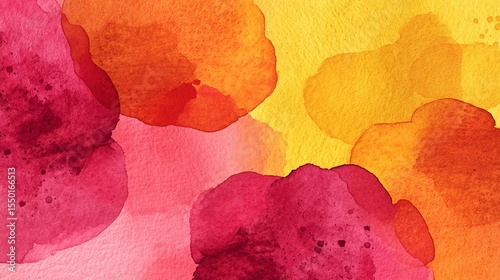 Warm watercolor abstract featuring soft flowing shapes in mango yellow, raspberry red, and citrus orange. Light pigment bleed on watercolor paper texture. Airy, summery, and vibrant visual 