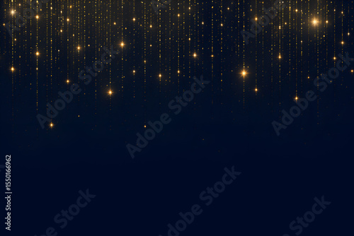 Golden Sparkling Glitter Light Strings Falling from Top on Dark Blue Background for Holiday Celebration or Glamorous Party Design