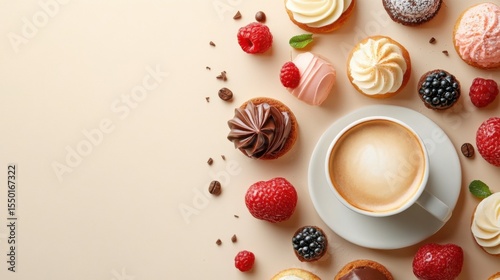 Food mockup poster with assorted desserts and coffee cup on beige pastel background