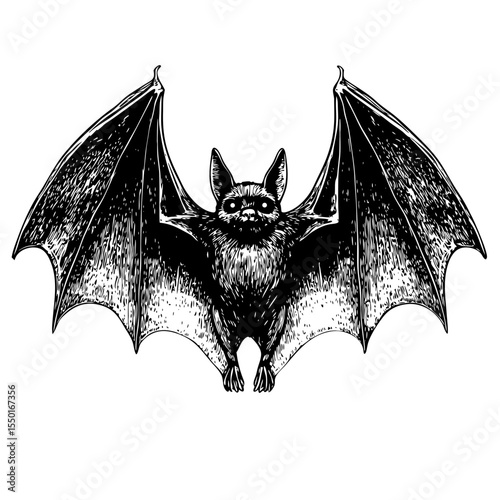 A detailed vector illustration of a bat with its wings spread wide, showcasing intricate details in black and white.  