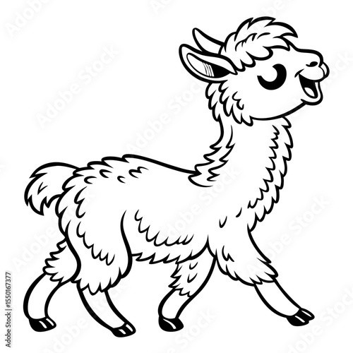 A delightful illustration of a charming llama, captured in black and white. Its friendly expression and fluffy fleece evoke warmth and whimsy. vector illustration