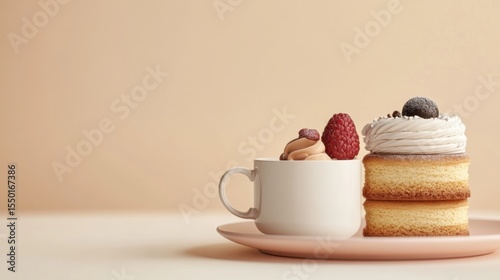 Food mockup poster with assorted desserts and coffee cup on beige pastel background