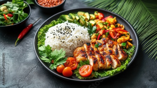 Food mockup poster with spicy Thai papaya salad sticky rice and grilled chicken