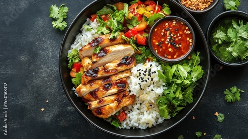 Food mockup poster with spicy Thai papaya salad sticky rice and grilled chicken