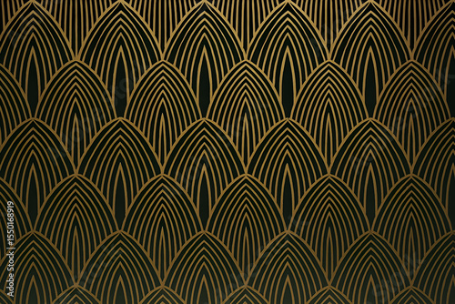 Seamless Repeating Golden Art Deco Scallop Pattern with Bold Lines on Black for Vintage Interior Design or Luxury Product Packaging