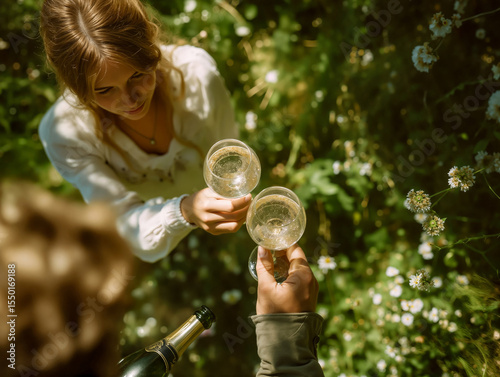 romantic couple enjoying a celebration drink in the meadow
