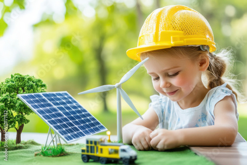 Smiling girl in yellow helmet playing with solar panel and wind turbine models outdoors learning about renewable energy