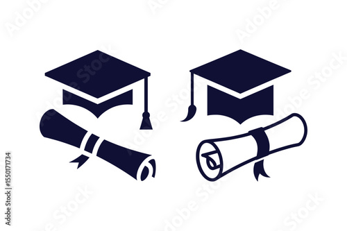 Set of graduation cap with diploma scroll clip art silhouette vector illustration on white background