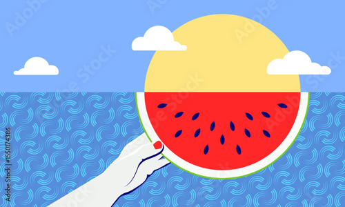 Minimal vector illustration of a hand holding a watermelon slice resembling a sunrise with blue sky background, abstract sea pattern, and playful summer vibe, ocean vacation