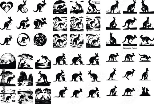 Mother Kangaroo and Joey Silhouette Pack – High-Quality Animal Icons Kangaroo with Baby Icon Silhouette Set – Wildlife Animal Vector Collection