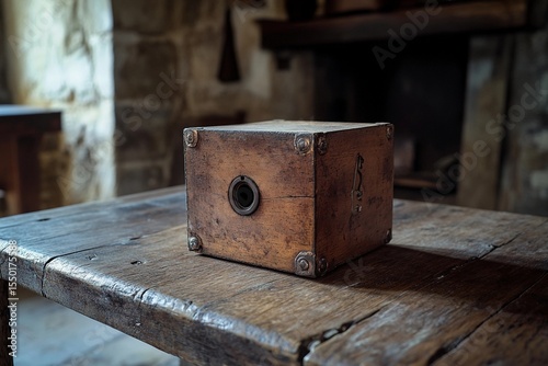 Replica of first pinhole camera on wooden table