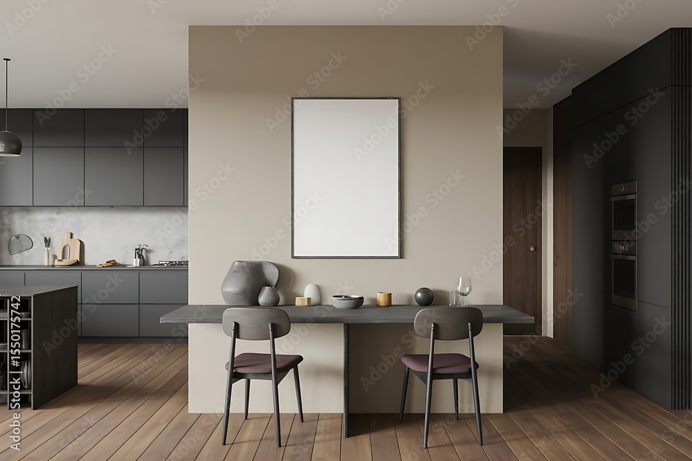 Fototapeta premium Modern kitchen with dark cabinets and a dining area with a blank frame
