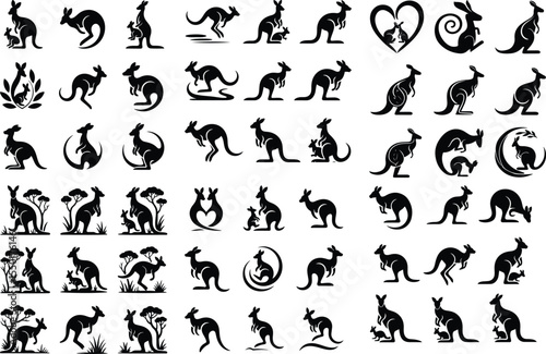 Mother Kangaroo and Joey Silhouette Pack – High-Quality Animal Icons Kangaroo with Baby Icon Silhouette Set – Wildlife Animal Vector Collection