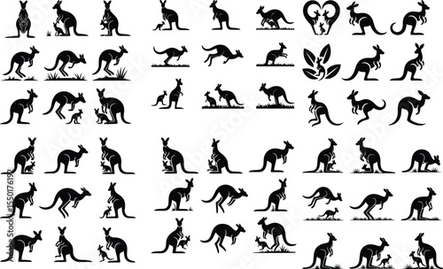 Mother Kangaroo and Joey Silhouette Pack – High-Quality Animal Icons Kangaroo with Baby Icon Silhouette Set – Wildlife Animal Vector Collection