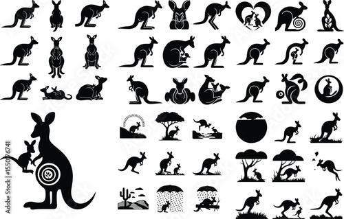 Mother Kangaroo and Joey Silhouette Pack – High-Quality Animal Icons Kangaroo with Baby Icon Silhouette Set – Wildlife Animal Vector Collection
