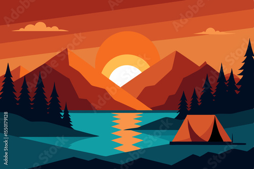 Golden sunset over tranquil mountain lakes and a vast landscape with a fiery sky