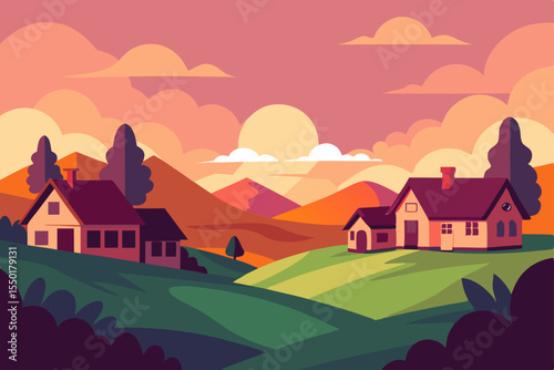 A charming vector illustration of a house on a hill in a sunny mountain village landscape with trees and clouds