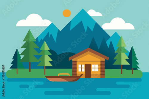 A charming winter landscape featuring a cozy house nestled in the mountains by a frozen lake, with snow-covered trees under a serene sky, perfect for a Christmas holiday scene