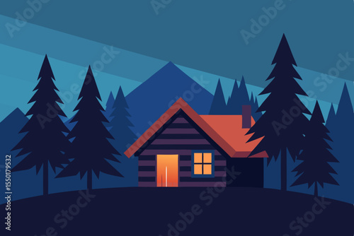 A festive winter landscape with a cozy house nestled among snow-covered pine trees, perfect for a Christmas holiday scene