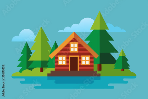 A festive winter forest landscape with a cozy house and Christmas trees covered in snow
