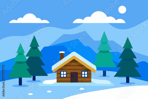 Christmas winter landscape with a house and snow-covered trees, an ideal holiday scene