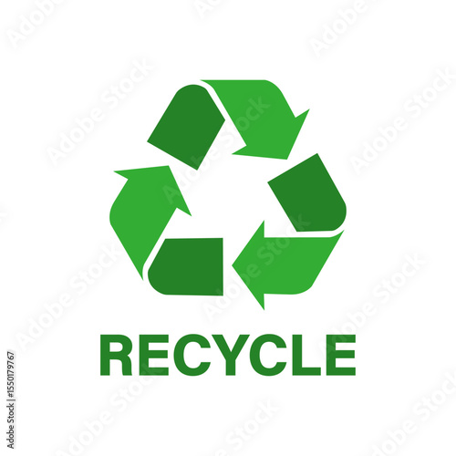 Green recycle symbol with three arrows in triangle shape and bold recycle text. Eco-friendly vector icon for environment, sustainability, waste management, and packaging.