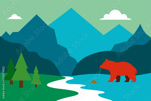 Majestic Mountain Bear A Serene Landscape Illustration