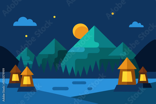 Winter night landscape with houses and a moonlit sky, perfect for a Christmas or holiday illustration