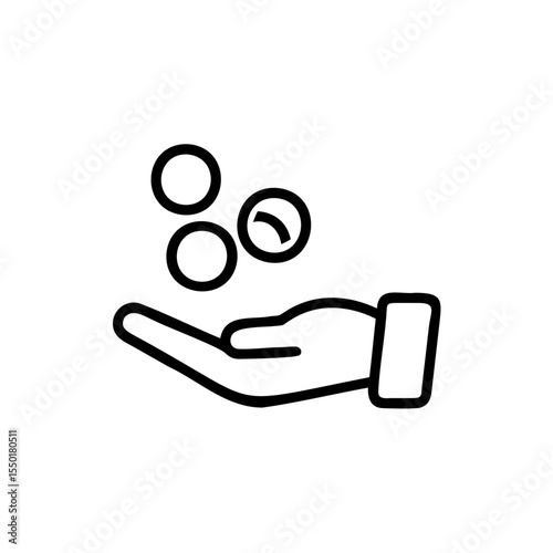 Handdrawn Line Art Icon Coins Falling into Open Palm Hand Receiving Payment Donation Charity