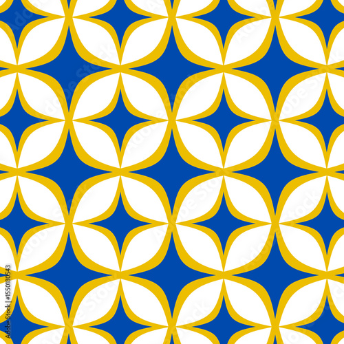 Abstract seamless pattern, Symmetrical geometric pattern with bright royal blue star shapes and intense gold lines on white background. 