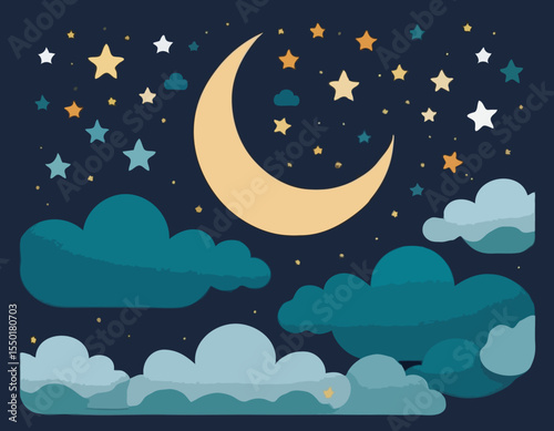 Ramadan Kareem Islamic Gift and Wish Card. A crescent moon. The crescent moon and stars among the clouds.