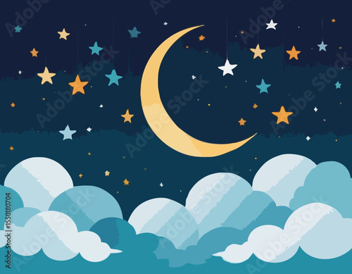 Ramadan Kareem Islamic Gift and Wish Card. A crescent moon. The crescent moon and stars among the clouds.