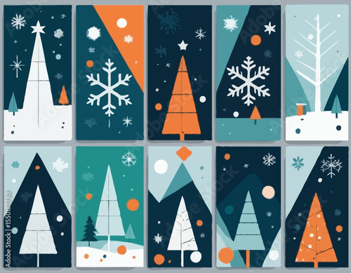 Winter geometric banner in flat style. Geometry minimalistic design with simple shapes and winter symbols, snowflake, christmas tree for flyer,web,poster,templates,cover design, label.Vector