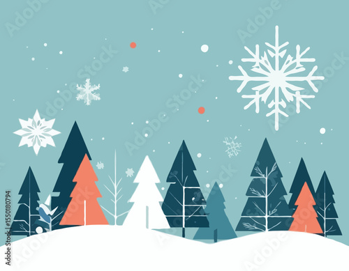 Winter geometric banner in flat style. Geometry minimalistic design with simple shapes and winter symbols, snowflake, christmas tree for flyer,web,poster,templates,cover design, label.Vector