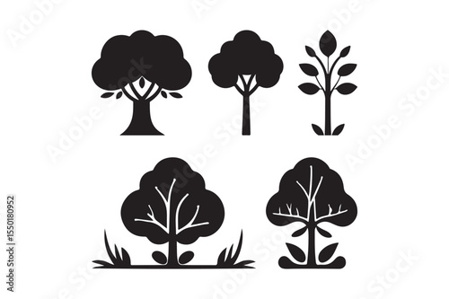 Flat Black Tree Silhouettes with Leaves and Grass Elements Vector Set