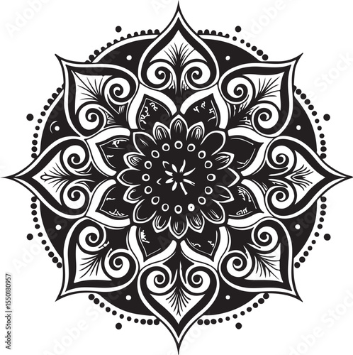 Ornate Black & White Mandala Vector: Intricate Spiritual Floral Design for Yoga & Meditation Art