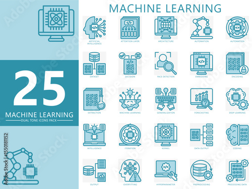 Machine learning dual tone icons set. contain automation, data, iteration, decision, output, processing, coding, AI, intelligence and more. Vector for UI, UX kit, web and app, education, industry tech