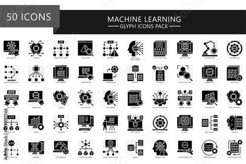Machine learning glyph icons set. contain AI brain, algorithm, coding, embedding, data, performance, neural network, computation, matrix and more. Vector for UI, UX, web and app, education, industry