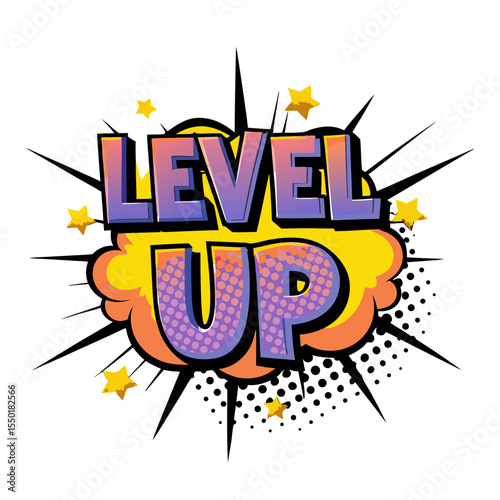 "Level Up" in comic book style pop art, isolated vector image on transparent background