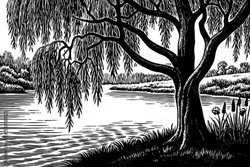 Weeping willow tree with long drooping branches by a calm riverbank, a black and white sketch vector hand drawn