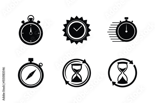 Time Management Icons Stopwatch, Hourglass, Clock Graphics