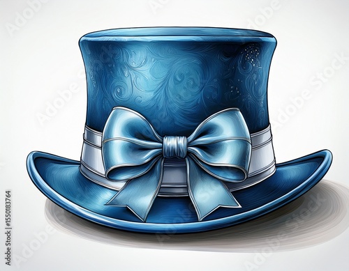blue top hat with silver ribbon and bow front view isolated on white background generative ai