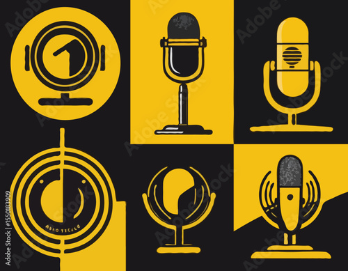 Set podcast symbols,icons,logos in black and yellow with studio microphone. Emblems for broadcast,news and radio streaming.Template for shows,live performances.Dj audio podcasting.Vector illustration.
