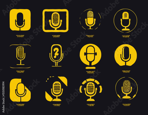Set podcast symbols,icons,logos in black and yellow with studio microphone. Emblems for broadcast,news and radio streaming.Template for shows,live performances.Dj audio podcasting.Vector illustration.