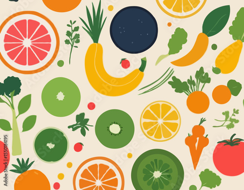 Natural food banner in flat style. Fruits and vegetables in simple geometric shapes.Great for flyer, web poster, natural products presentation templates, cover design. Vector illustration.