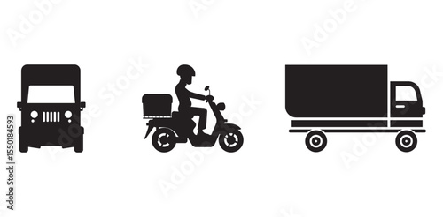 Package delivery icon set vector, Vehicle vectors, Delivery Icons, delivery icon pack, black vehicle icons, free delivery icon set with transparent background 