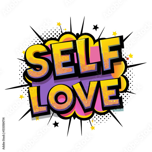 Bold "self love" graphic in comic book style with pop art design, isolated vector image on transparent background