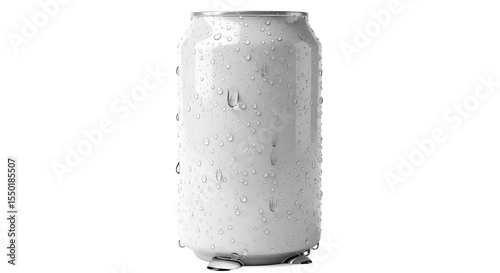 High quality white soda can with condensation drops isolated against a black white background best new, png.